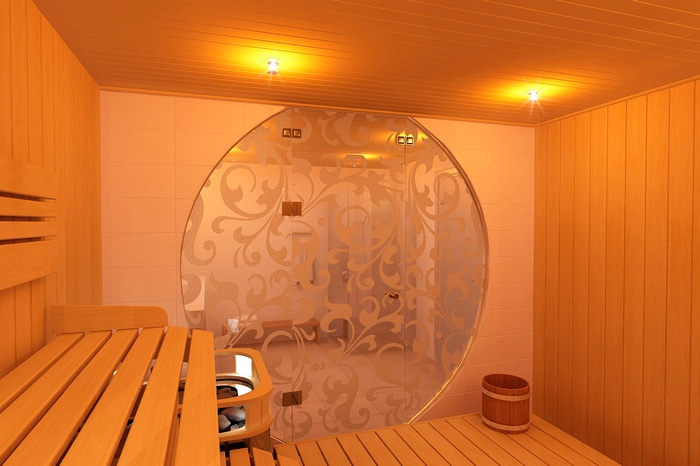 Уникальный стильный дизайн для бани с помощью стеклянной двери